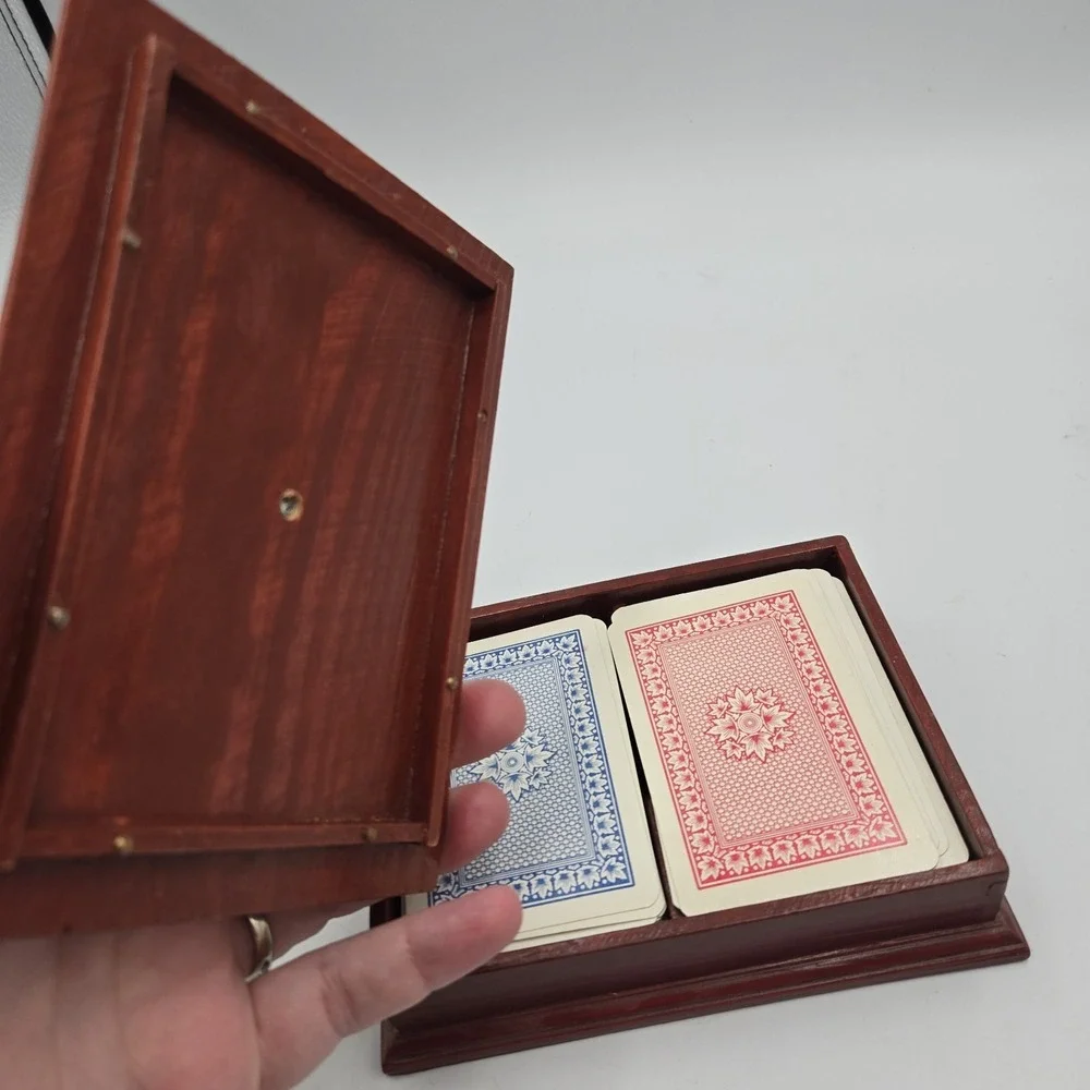 VTG Mallard‎ Duck Wood Box Trinket Holder & 2 Full Small Card Decks Decoy Decor